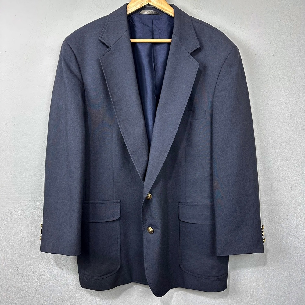 Haggar Blazer Mens 46 Navy Blue Gold Buttons Shoulder‎ Pads Made in USA Vintage